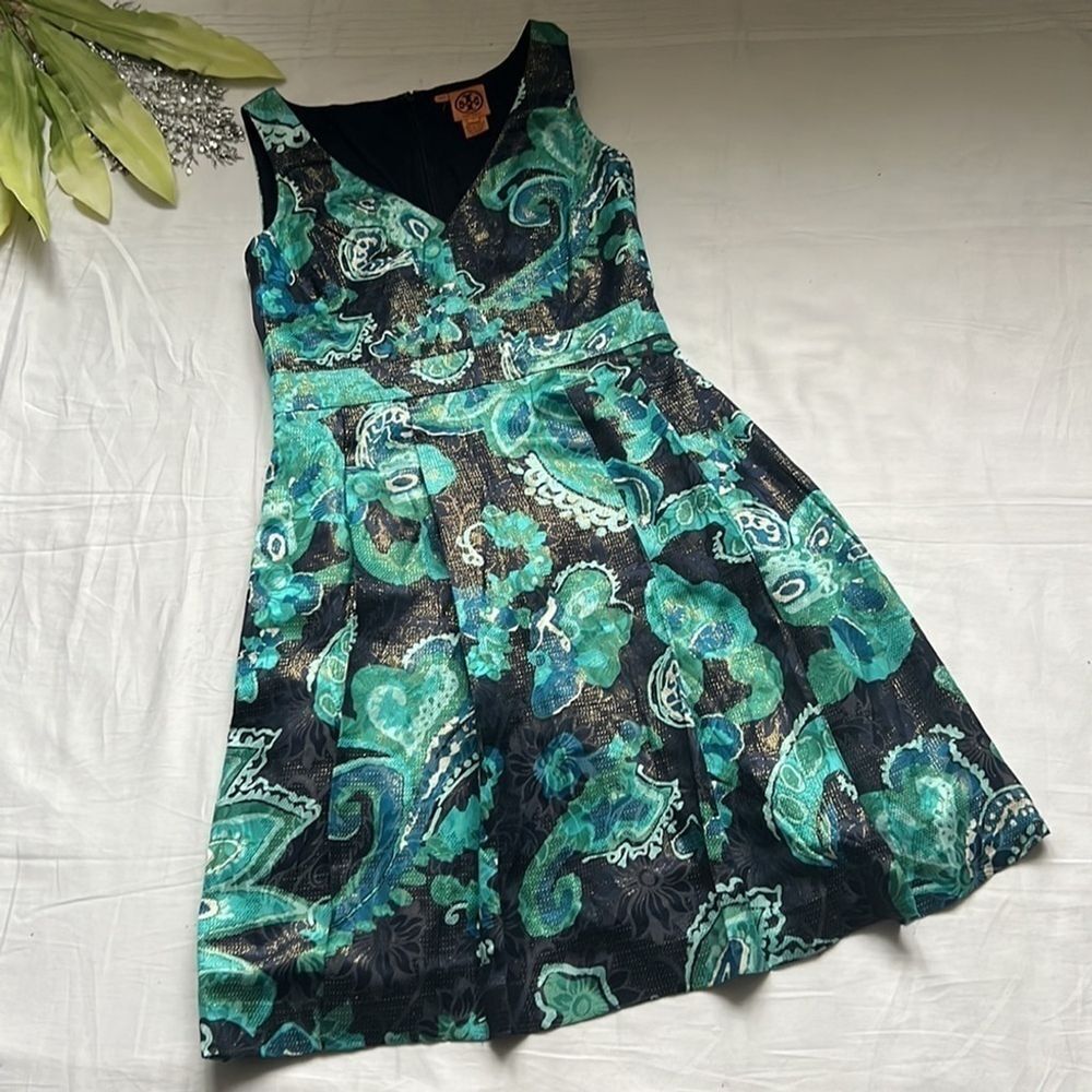 Tory Burch Silk Brocade Pleated Metallic Paisley Dress